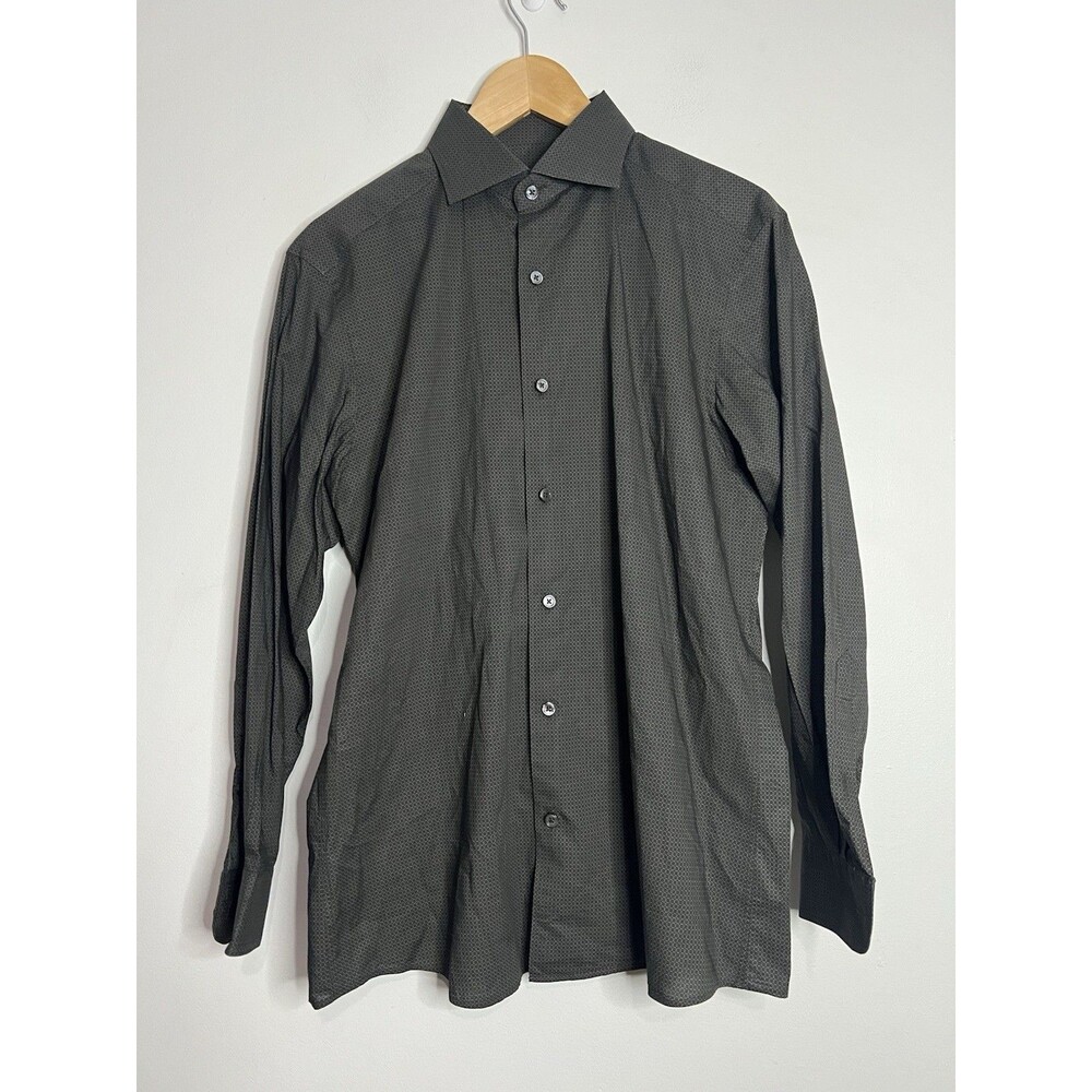 E. Zegna Black Geometric Print Cotton Luxury Button Up Dress Shirt Medium
